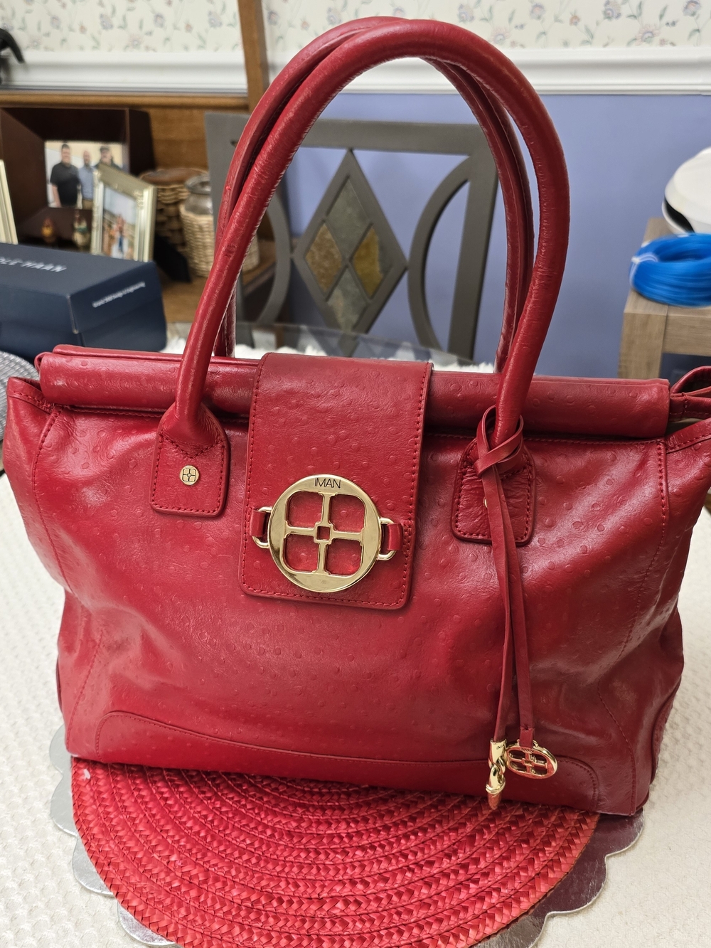 Iman Red Women's Leather Bag with Gold Accent
